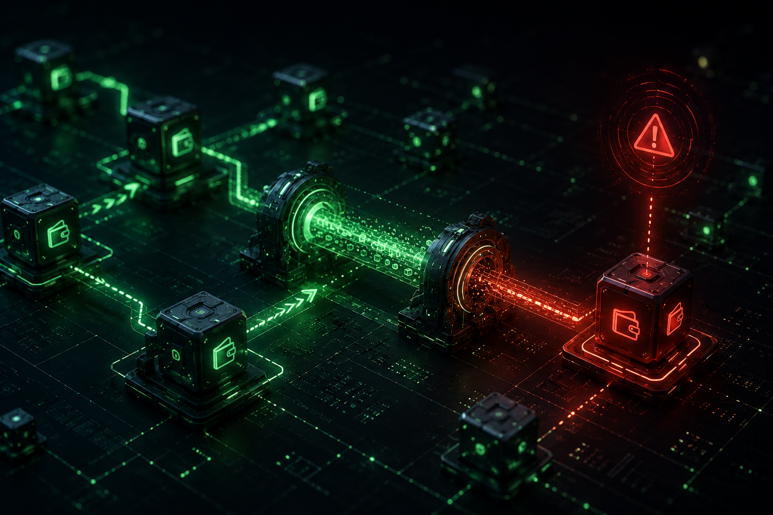 A blockchain bridge relaying value from verified green nodes into a red attacker-controlled wallet flagged by a critical alert
